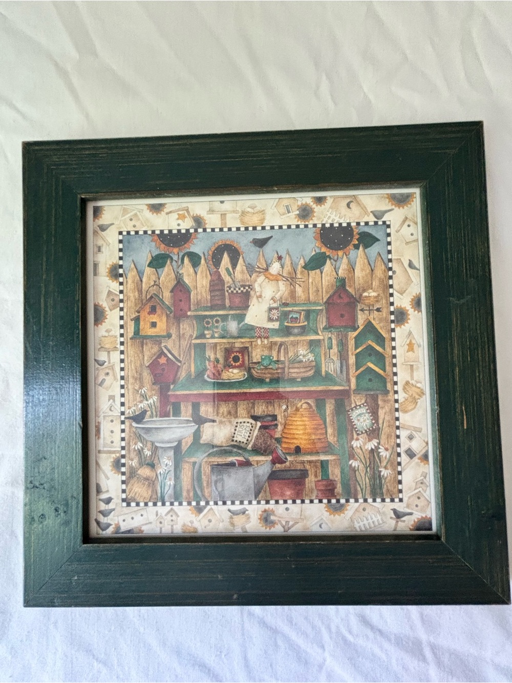 Rustic Farmhouse Birdhouse Art Print in Dark Green Frame